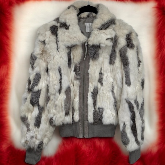 Ebene by Patrick Assuline Ivory and Grey 100% Genuine Rabbit Fur Jacket Size 2 - Picture 1 of 13